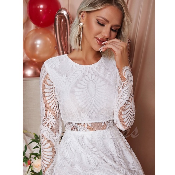 White Elegant Dress Scallop Trim, Zipper Closure Long Sleeve Short, Mini, Lace - Picture 5 of 16